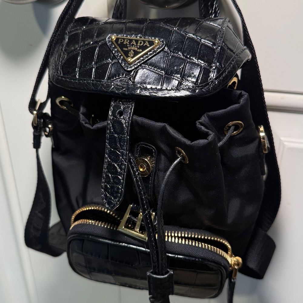 Prada nylon and croc embossed backpack shoulder bag. - Picture 2 of 15